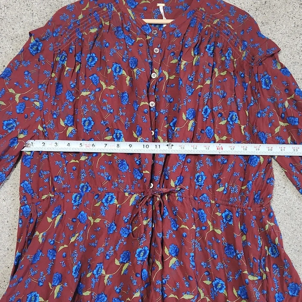 Free People Red Burgundy Flower Fields Mini Button Up Dress Womens Size Small